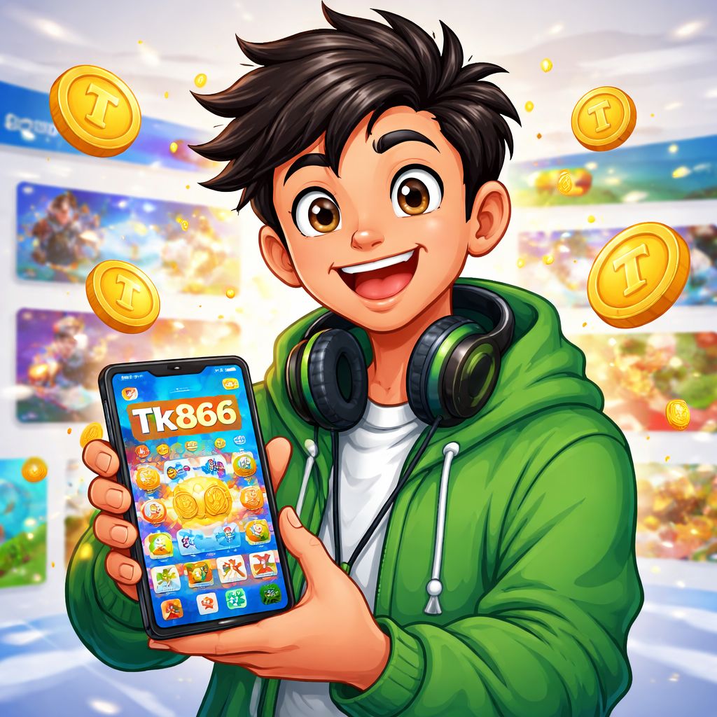 Cartoon mobile gamer holding a smartphone with tk866 app interface and reward coins