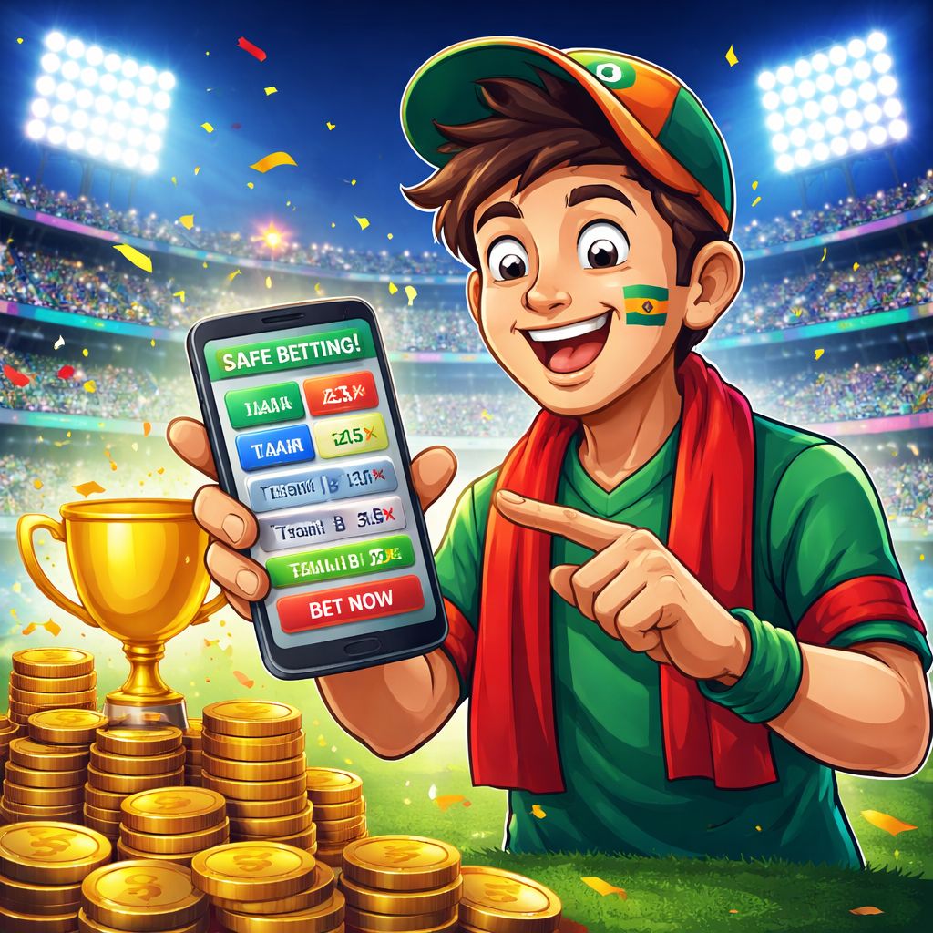 Cartoon sports fan using tk866 Bet app with cricket odds and coins