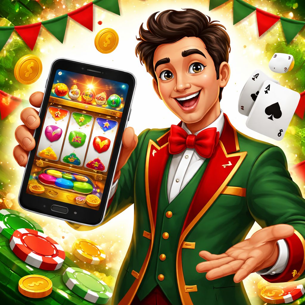 Cartoon casino host welcoming Bangladesh players with chips, cards, and mobile app screen