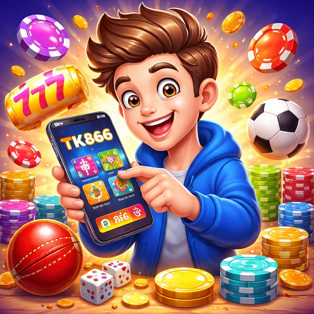 Cartoon tk866 player holding a smartphone with casino chips and sports icons