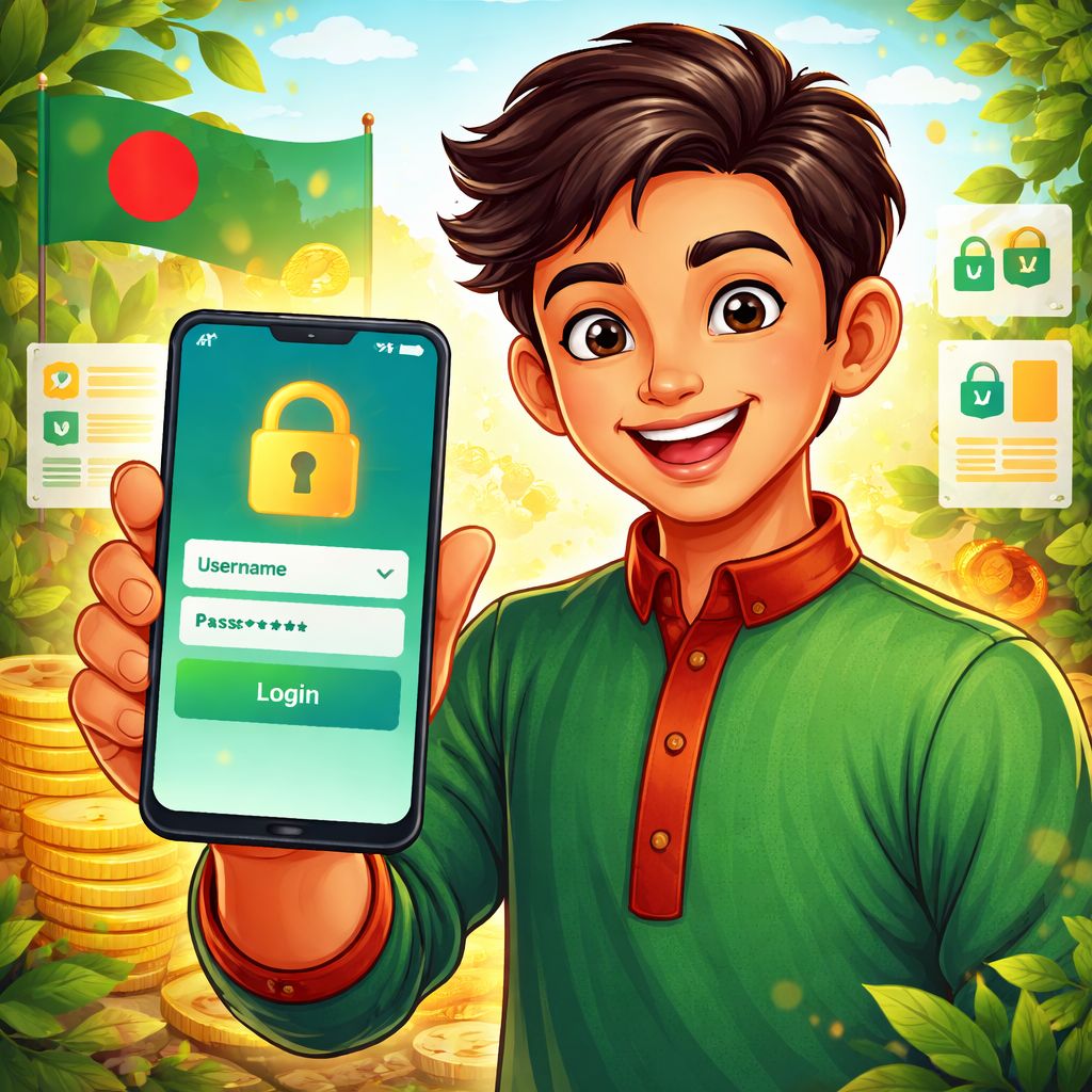 Cartoon player using a smartphone for secure tk866 login in Bangladesh