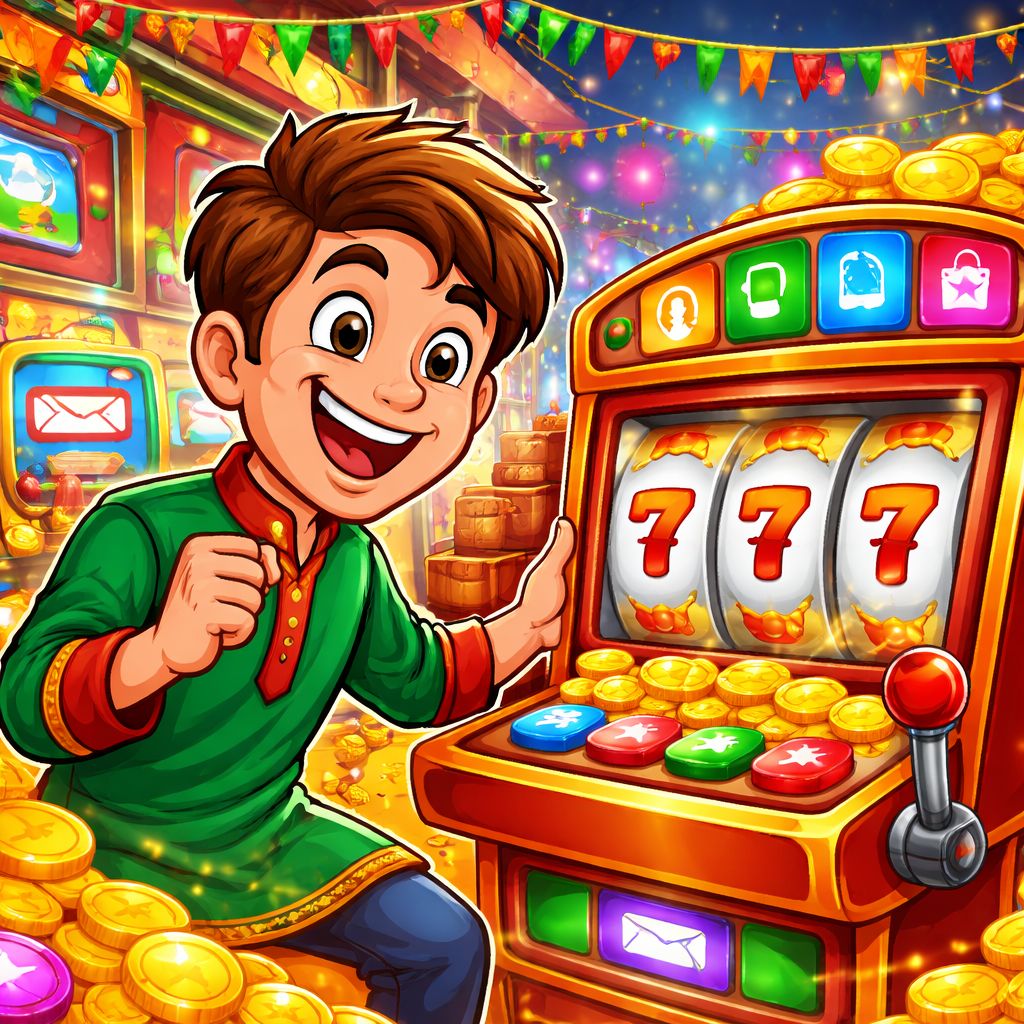 Cartoon slot player celebrating a winning spin with coins and colorful reels